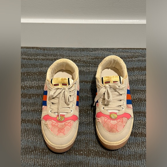 Gucci Grey/ Pink Nubuck Leather and GG Canvas Screener Sneaker Women EU38/US7.5 - Picture 3 of 10
